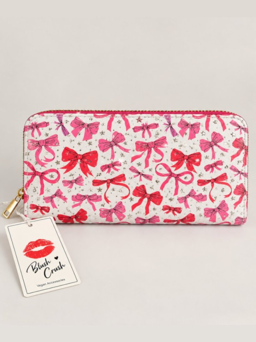 Blush Crush Vegan Zip Around Wallet Pink Bows Stars NWT 💋